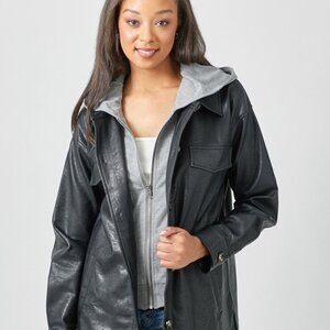 Mystree Black Vegan Leather Hooded Shacket Jacket Oversized Streetwear Layering